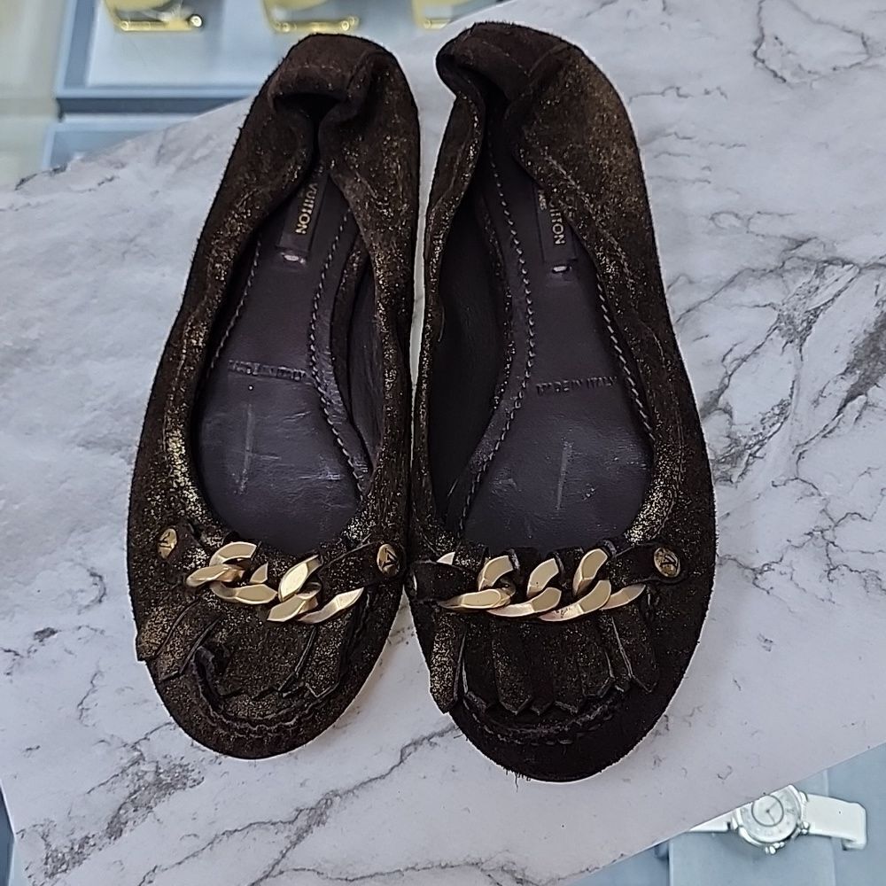 Authentic Louis Vuitton Brown Gold Suede Glitter Sheen Ballet Flats Size 36